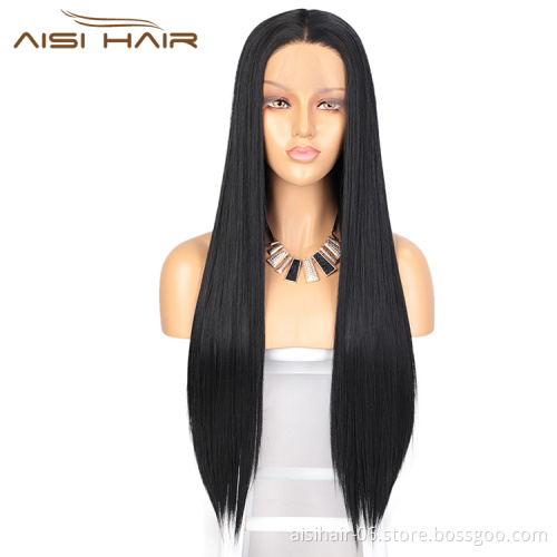 Aisi Hair Wholesale Long Silky Straight Black Wig Middle Part Swiss Lace Wig Synthetic Hair Front Lace Wigs For Black Women